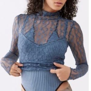 Blue lace sheer fitted turtle neck